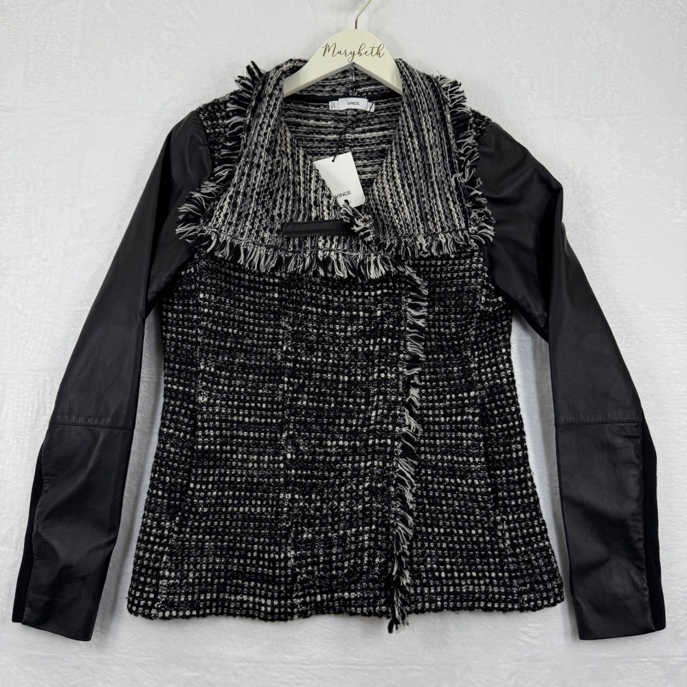 Vince Tweed Leather Moto Jacket Black White Fringe Womens Size M